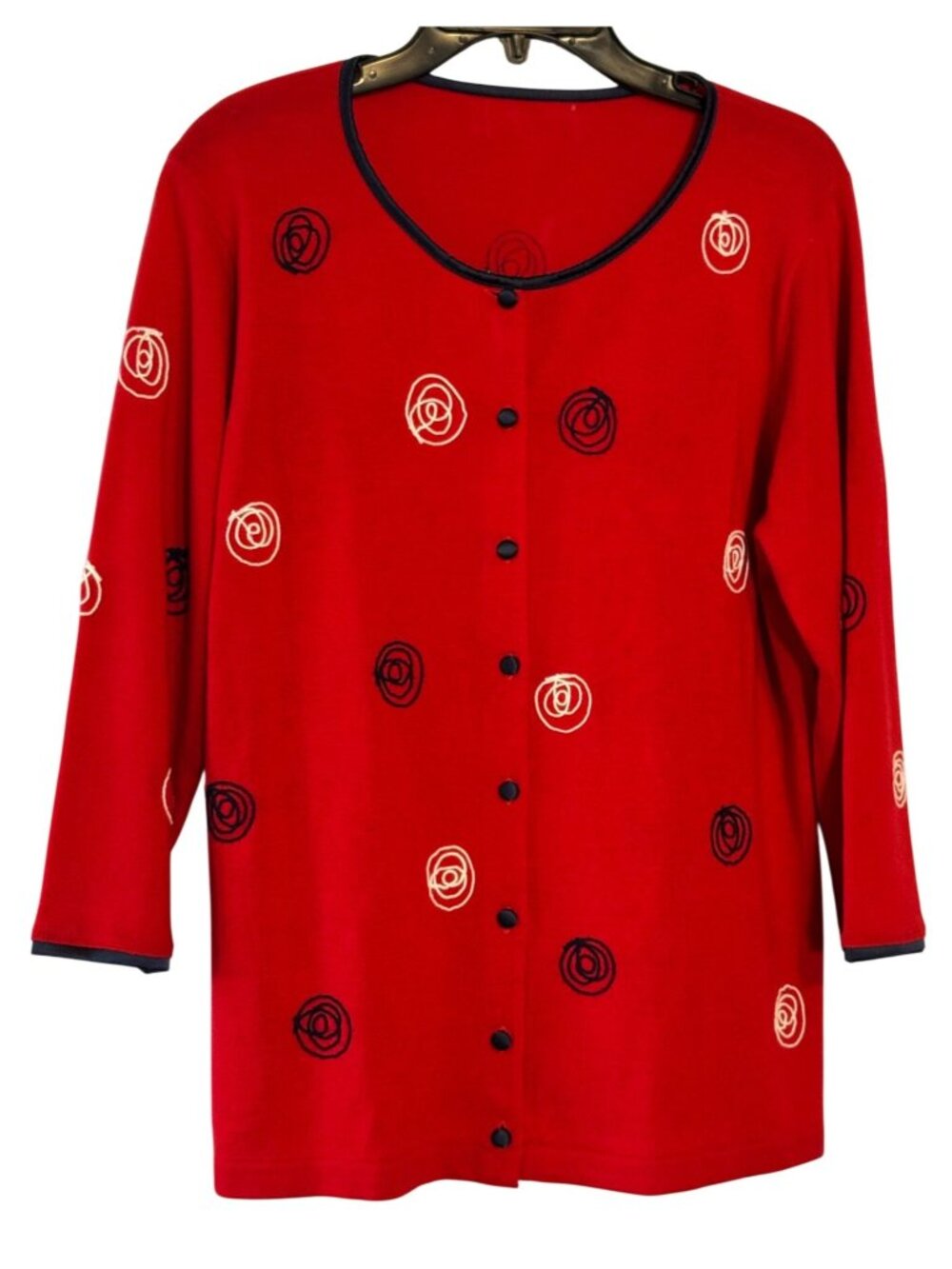 Vintage Red Knit Cardigan Sweater With Embroidered Swirls Fabric Covered Buttons